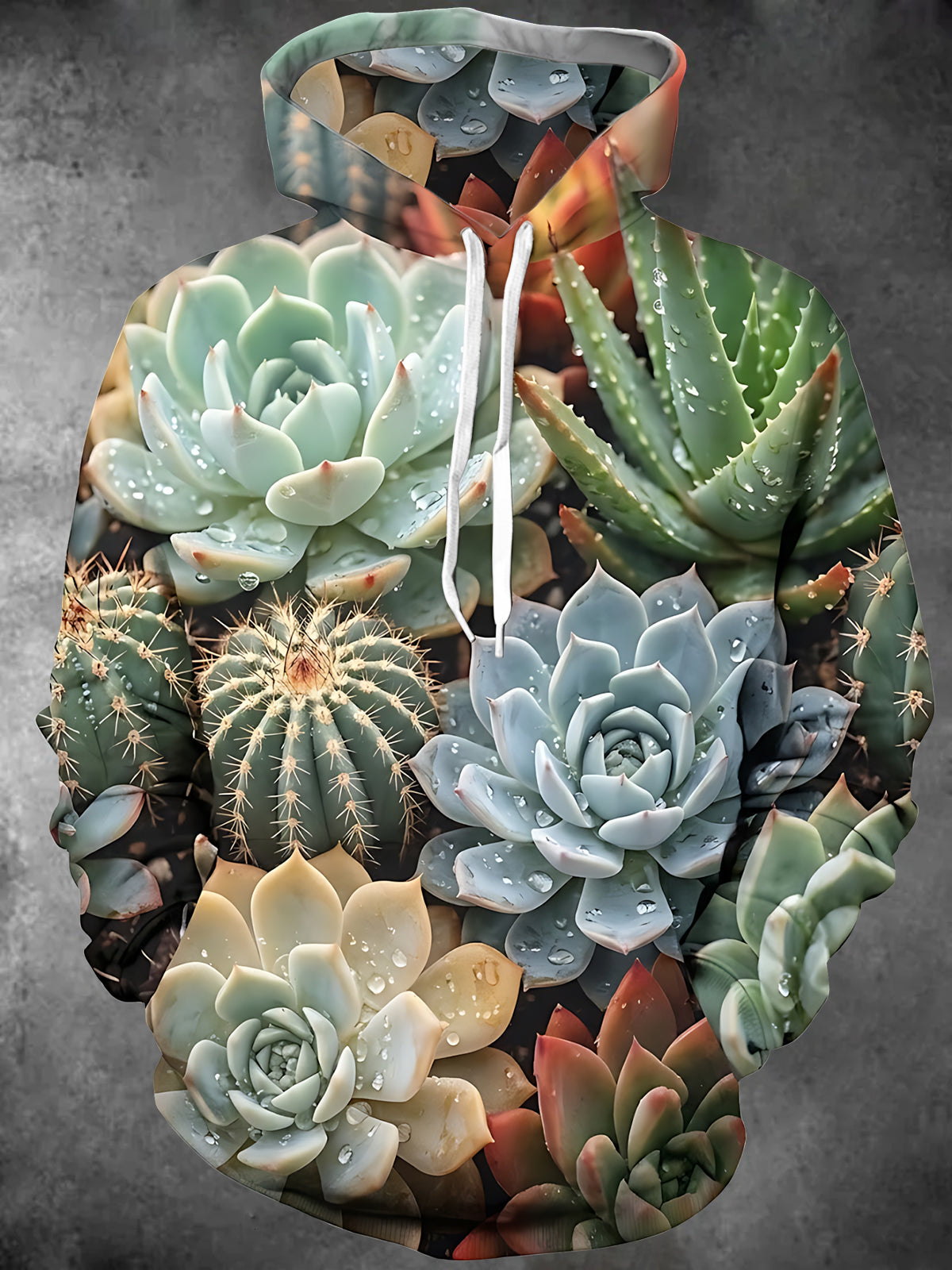 Adaychic Men's Long Sleeve Hoodie - Succulents And Cacti With Water Droplets Print