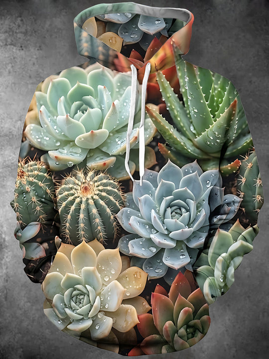 Adaychic Men's Long Sleeve Hoodie - Succulents And Cacti With Water Droplets Print