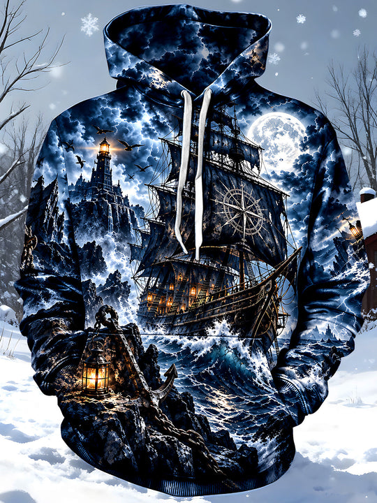 Adaychic Men's Graphic Sailing Ship Print Lighthouse Print Long Sleeve Hoodie with Chest Pocket