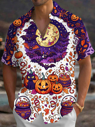 Adaychic Men's Halloween Black Cats And Pumpkins Print Short Sleeve Shirt with Chest Pocket
