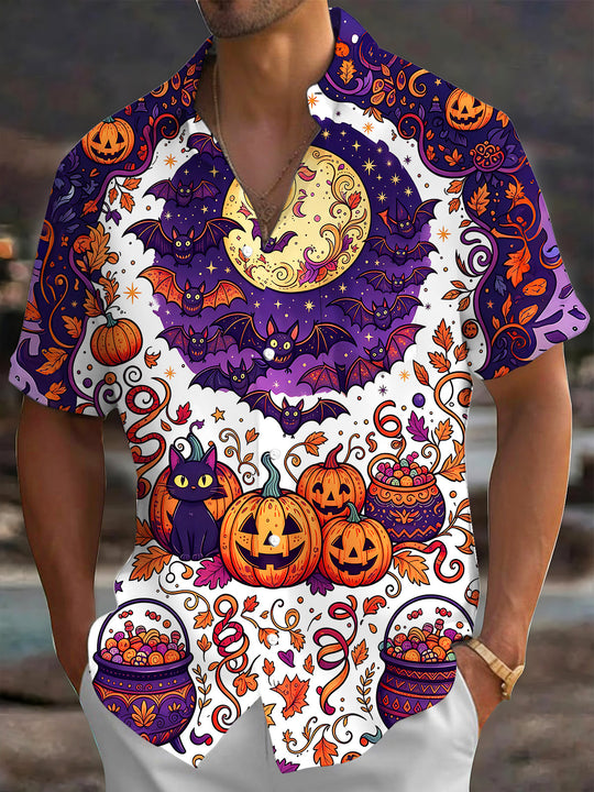 Adaychic Men's Halloween Black Cats And Pumpkins Print Short Sleeve Shirt with Chest Pocket