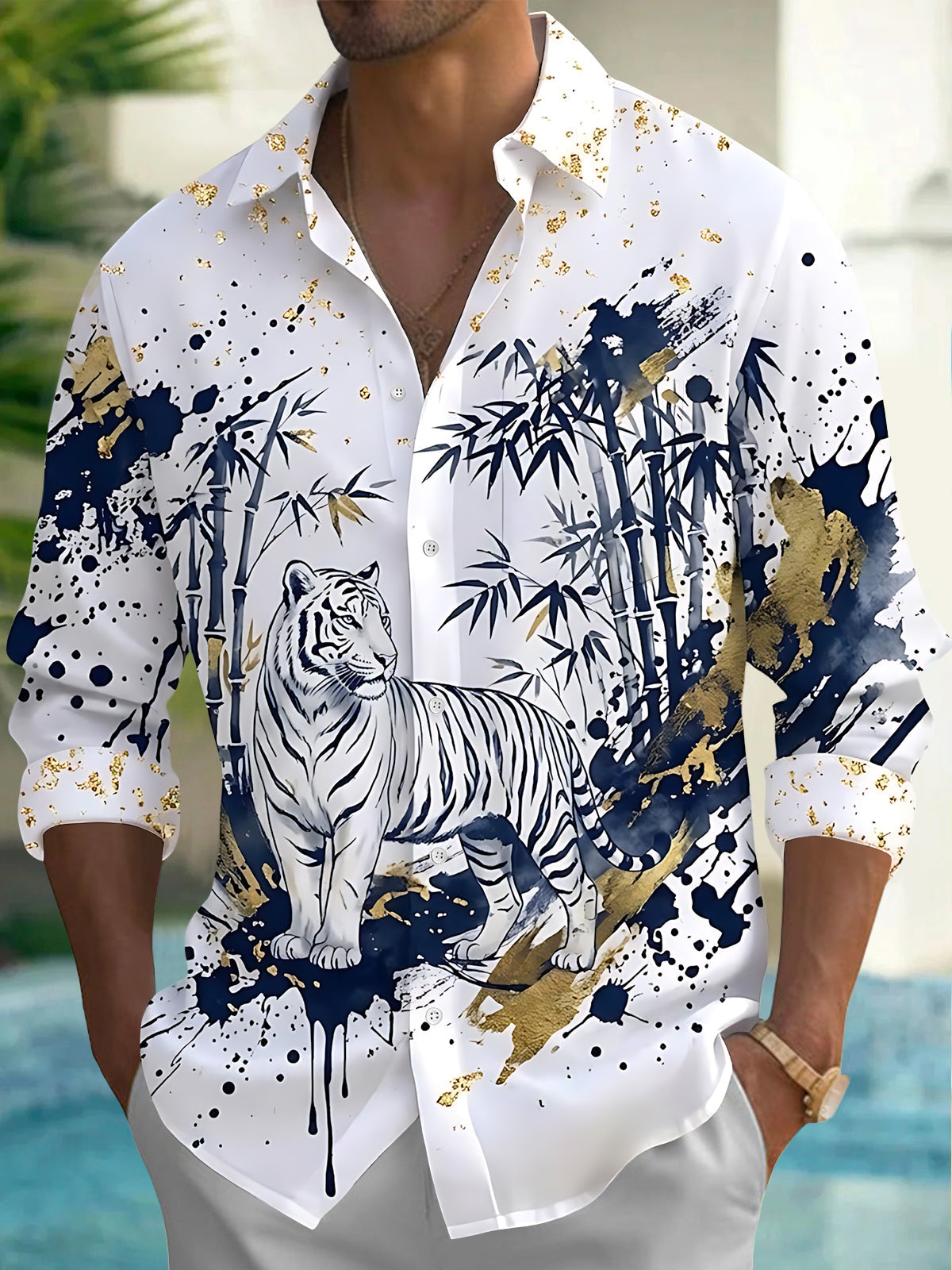 Adaychic Men's Graphic White Tiger And Bamboo Forest Print Long Sleeve Shirt with Chest Pocket