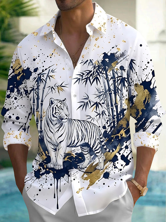 Adaychic Men's Graphic White Tiger And Bamboo Forest Print Long Sleeve Shirt with Chest Pocket