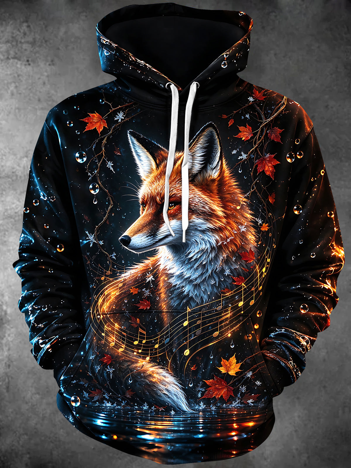 Adaychic Men's Fox With Maple Leaves And Musical Notes Print Long Sleeve Hoodie