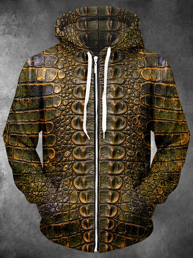 Adaychic Men's Patterned Crocodile Skin Texture Print Long Sleeve Zip-Up Hoodie