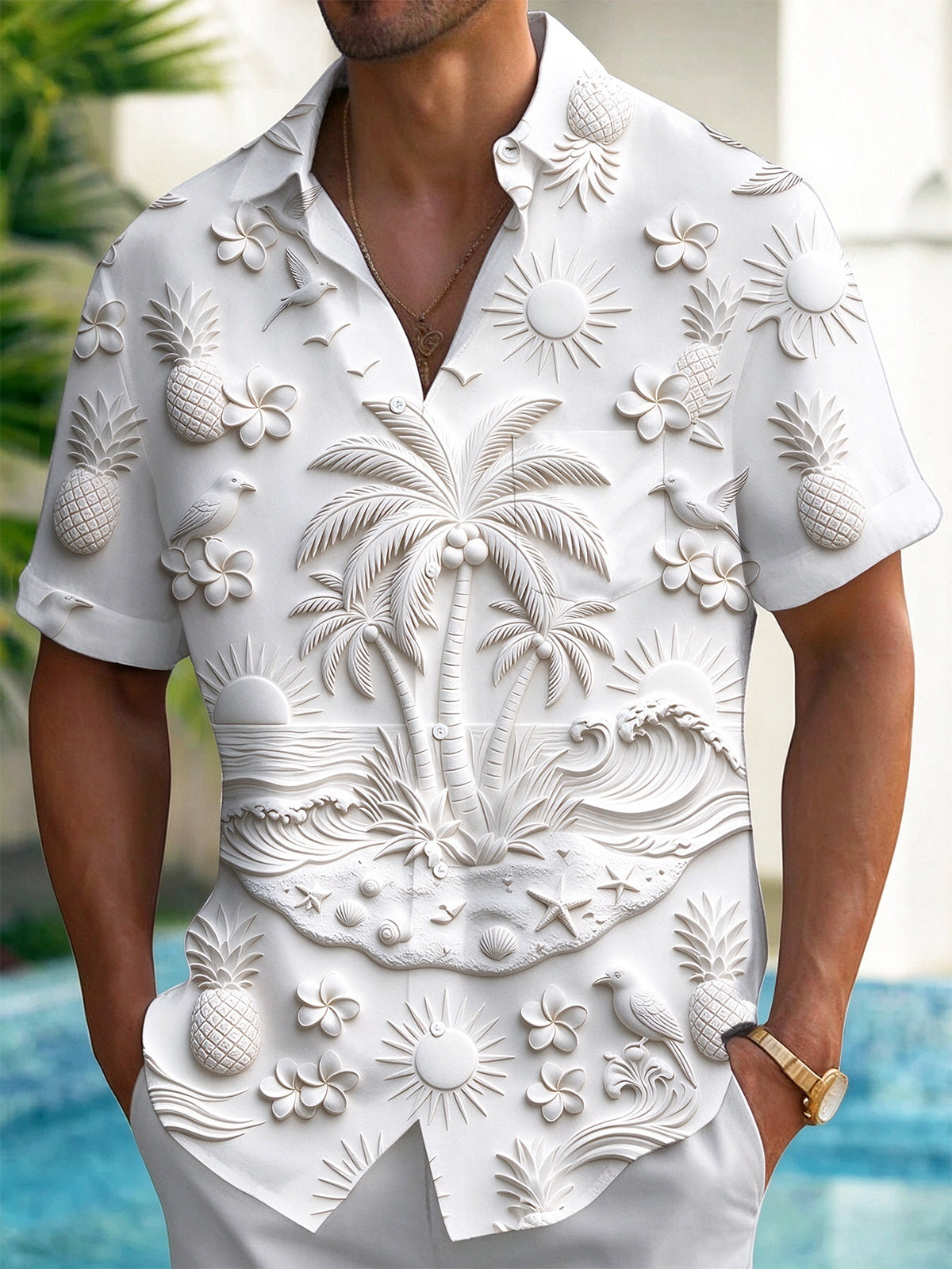 Adaychic Men's Hawaiian Palm Trees And Beach Scene Print Short Sleeve Shirt with Chest Pocket