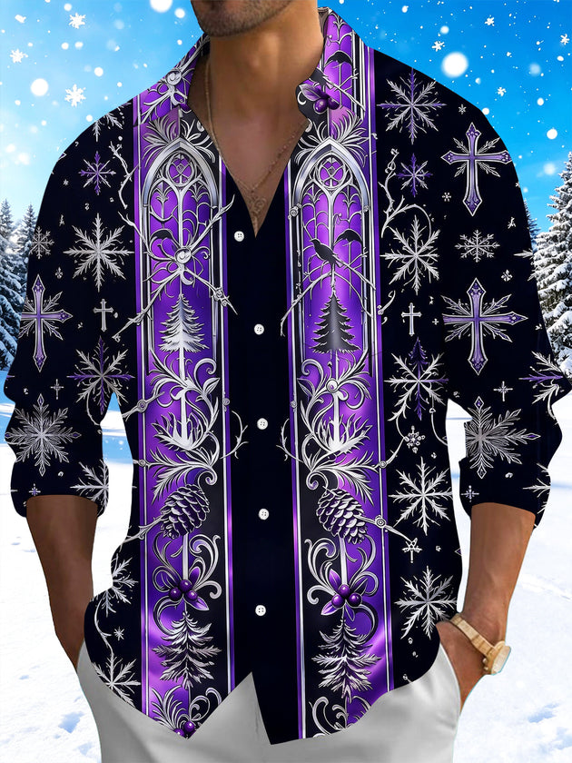 Adaychic Men's Long Sleeve Shirt - Gothic Church Window Patterns With Snowflakes And Crosses Print with Chest Pocket