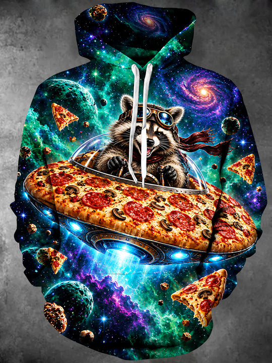 Adaychic Men's Space Raccoon Piloting Pizza UFO Print Long Sleeve Hoodie