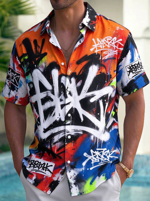 Adaychic Men's Graffiti Text And Spray Paint Splatters Print Short Sleeve Shirt with Chest Pocket