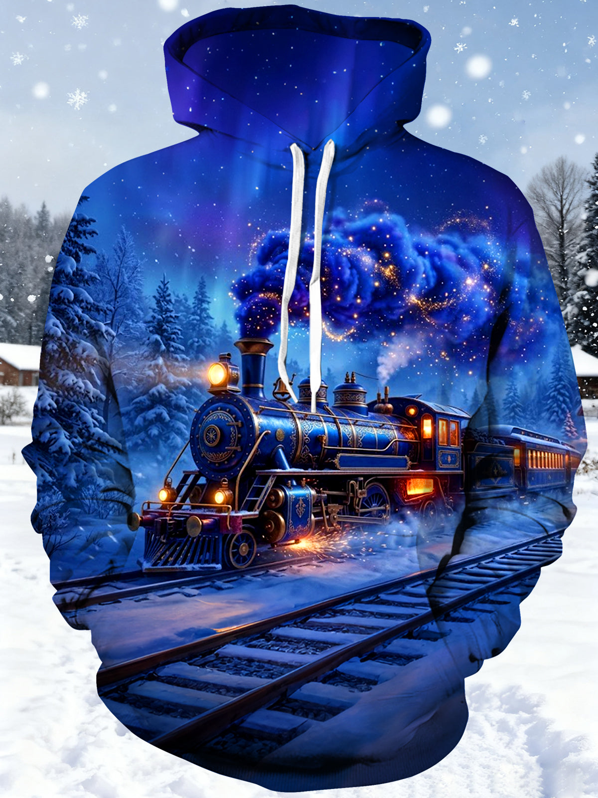Adaychic Men's Long Sleeve Hoodie - Christmas Vintage Steam Train In Winter Landscape Print