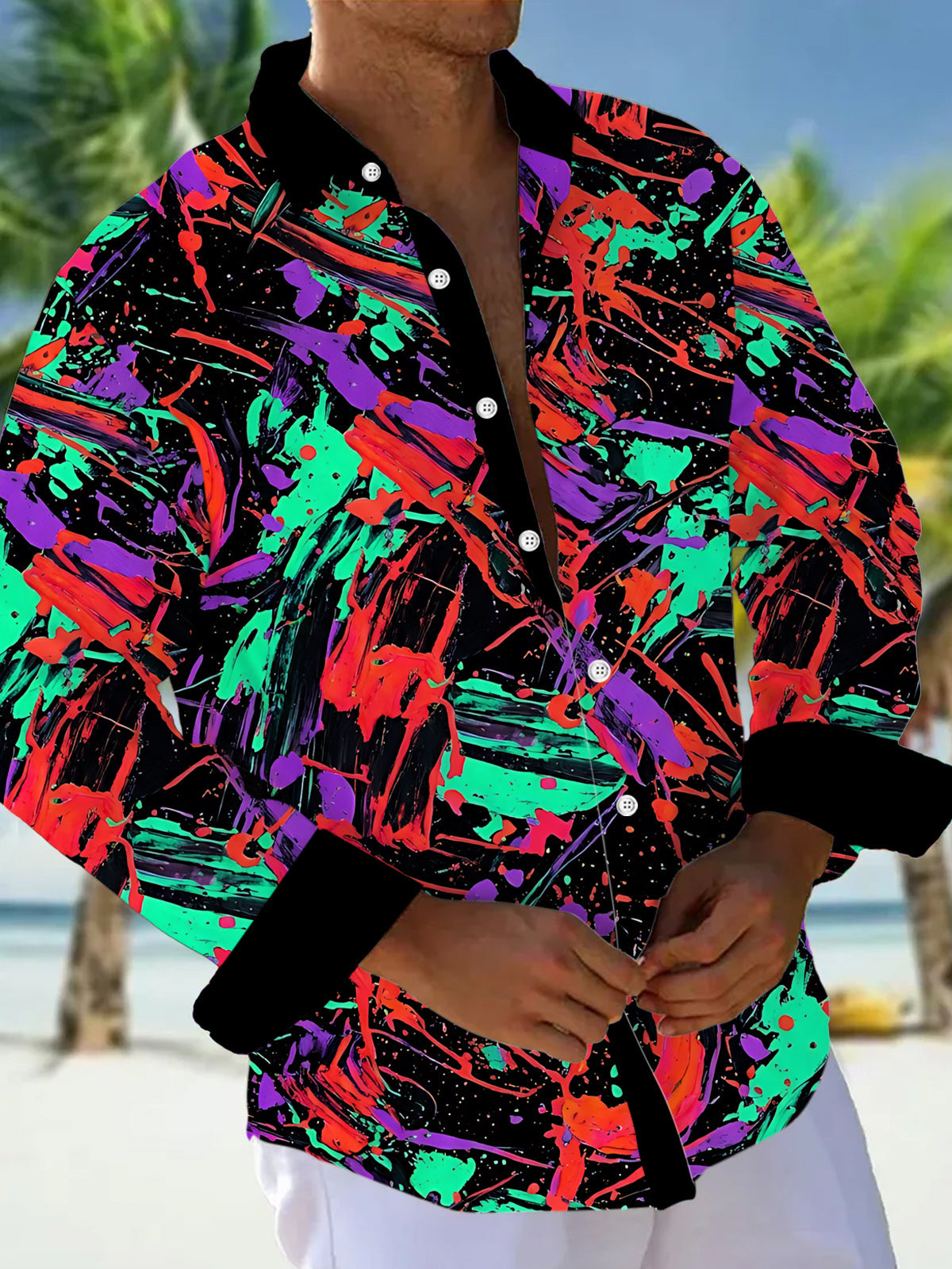 Adaychic Men's Long Sleeve Shirt - Abstract Colorful Paint Splatters And Brushstrokes Print with Chest Pocket