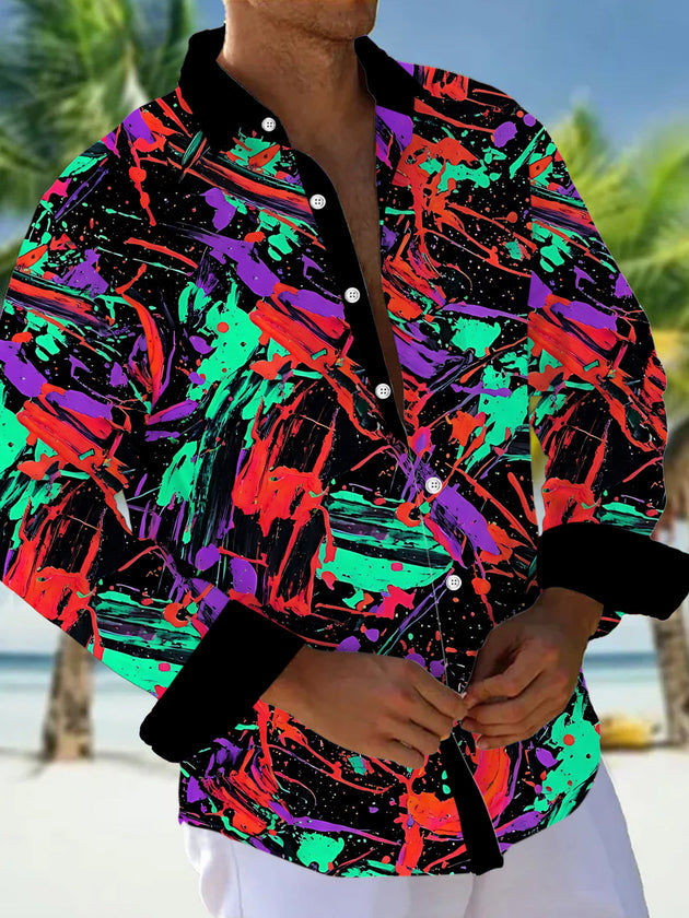 Adaychic Men's Long Sleeve Shirt - Abstract Colorful Paint Splatters And Brushstrokes Print with Chest Pocket