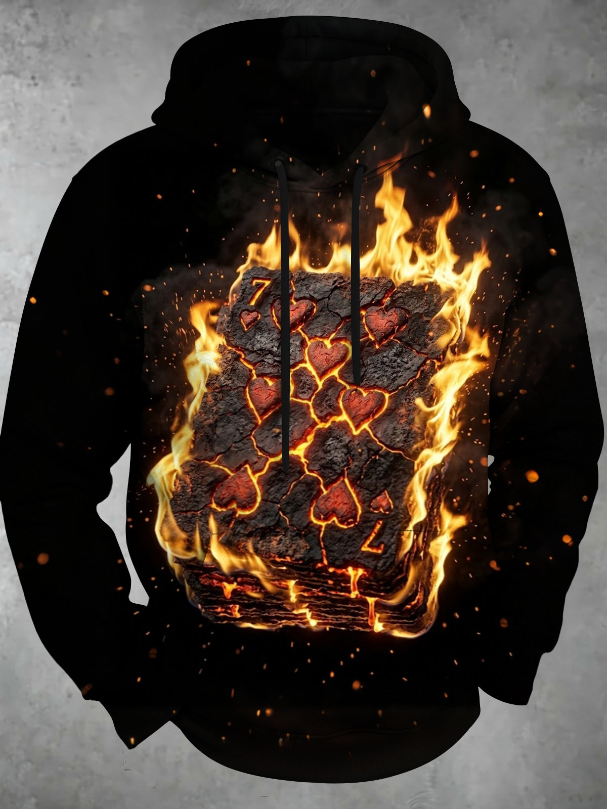 Adaychic Men's Burning Playing Cards With Hearts Print Long Sleeve Hoodie