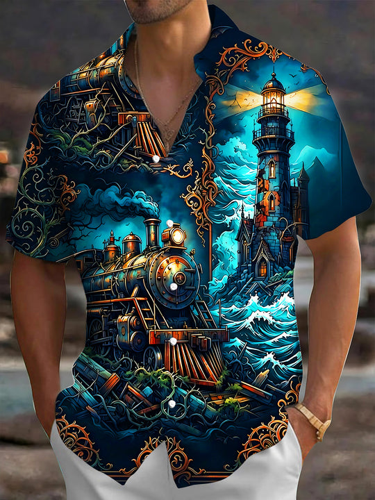 Adaychic Men's Steampunk Train And Coastal Lighthouse Print Short Sleeve Shirt with Chest Pocket