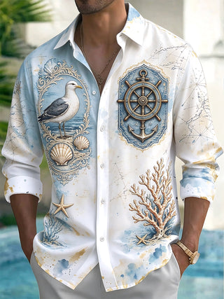 Adaychic Men's Vintage Nautical Marine Life Print Long Sleeve Shirt with Chest Pocket