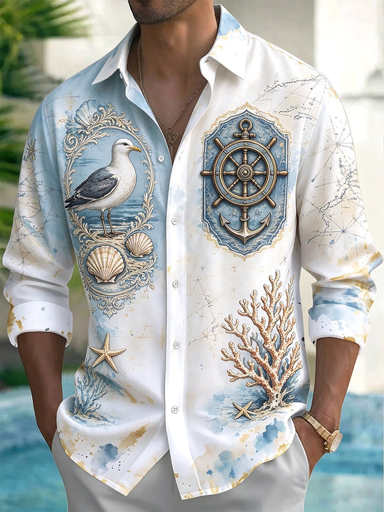 Adaychic Men's Vintage Nautical Marine Life Print Long Sleeve Shirt with Chest Pocket