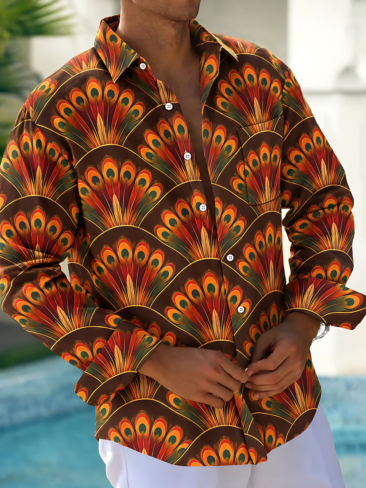 Adaychic Men's Printed Peacock Feathers Print Long Sleeve Shirt with Chest Pocket
