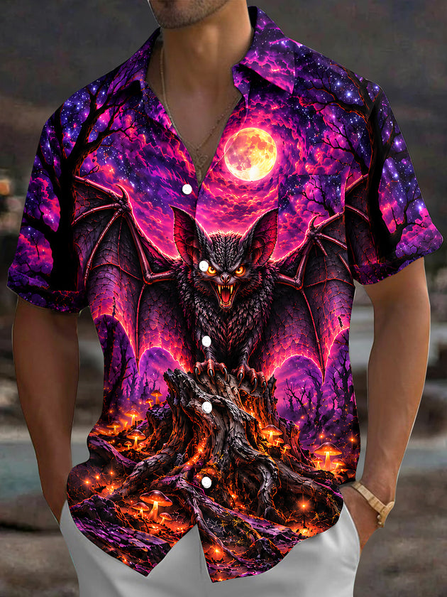 Adaychic Men's Halloween Bat And Glowing Mushrooms Print Short Sleeve Shirt with Chest Pocket