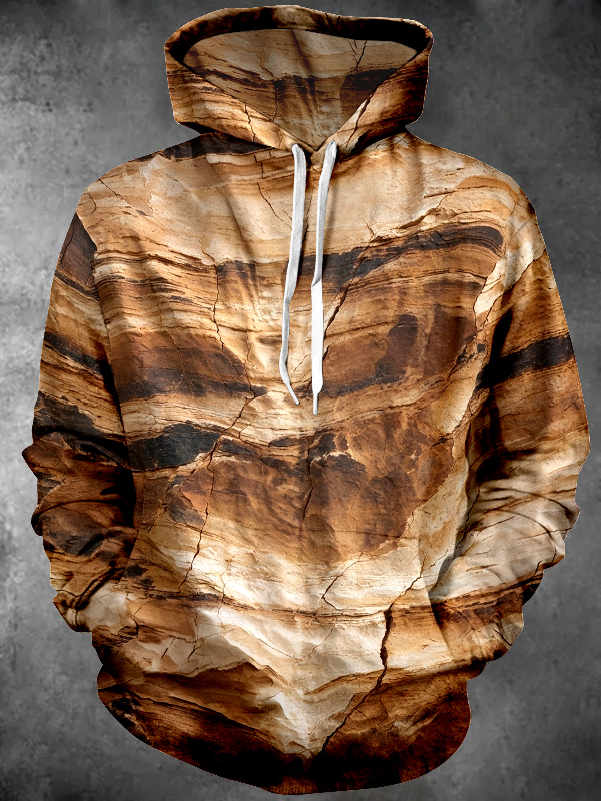Adaychic Men's Patterned Layered Rock Texture Print Long Sleeve Hoodie