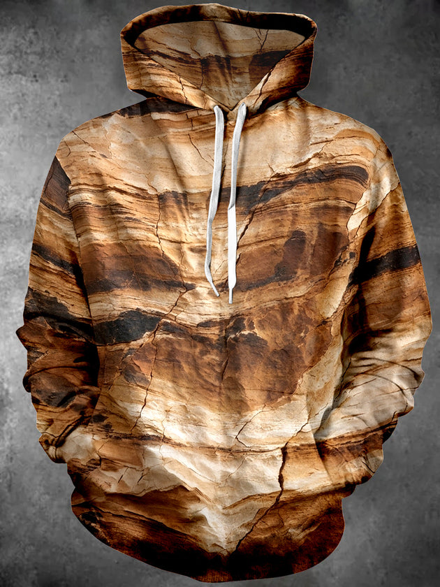 Adaychic Men's Patterned Layered Rock Texture Print Long Sleeve Hoodie