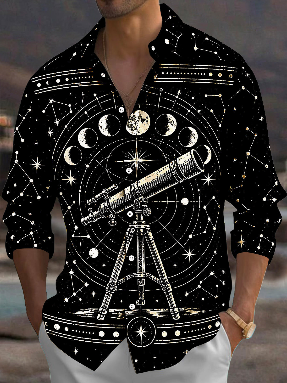Adaychic Men's Astronomical Telescope And Moon Phases Print Long Sleeve Shirt with Chest Pocket