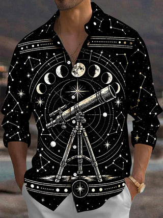 Adaychic Men's Astronomical Telescope And Moon Phases Print Long Sleeve Shirt with Chest Pocket