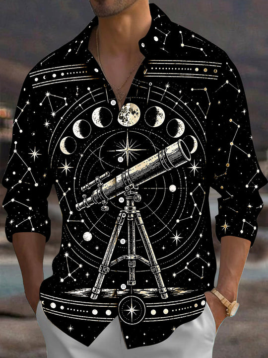 Adaychic Men's Astronomical Telescope And Moon Phases Print Long Sleeve Shirt with Chest Pocket