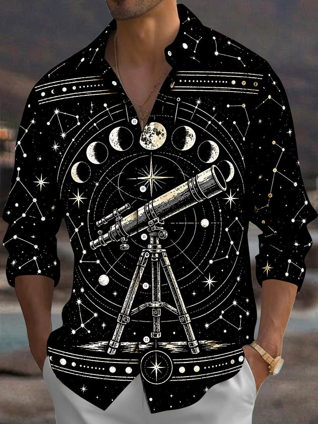 Adaychic Men's Astronomical Telescope And Moon Phases Print Long Sleeve Shirt with Chest Pocket
