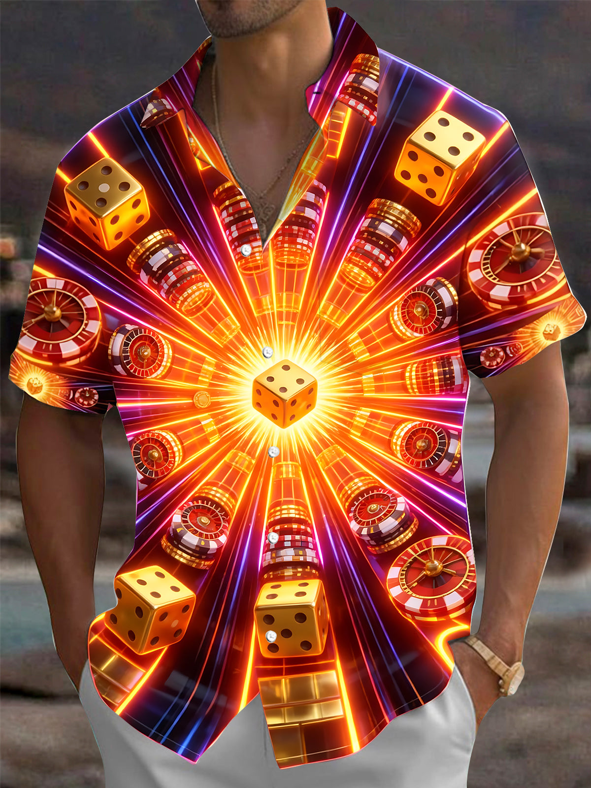 Adaychic Men's Casino Dice Chips And Roulette Wheels Print Short Sleeve Shirt with Chest Pocket