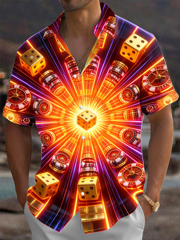 Adaychic Men's Casino Dice Chips And Roulette Wheels Print Short Sleeve Shirt with Chest Pocket