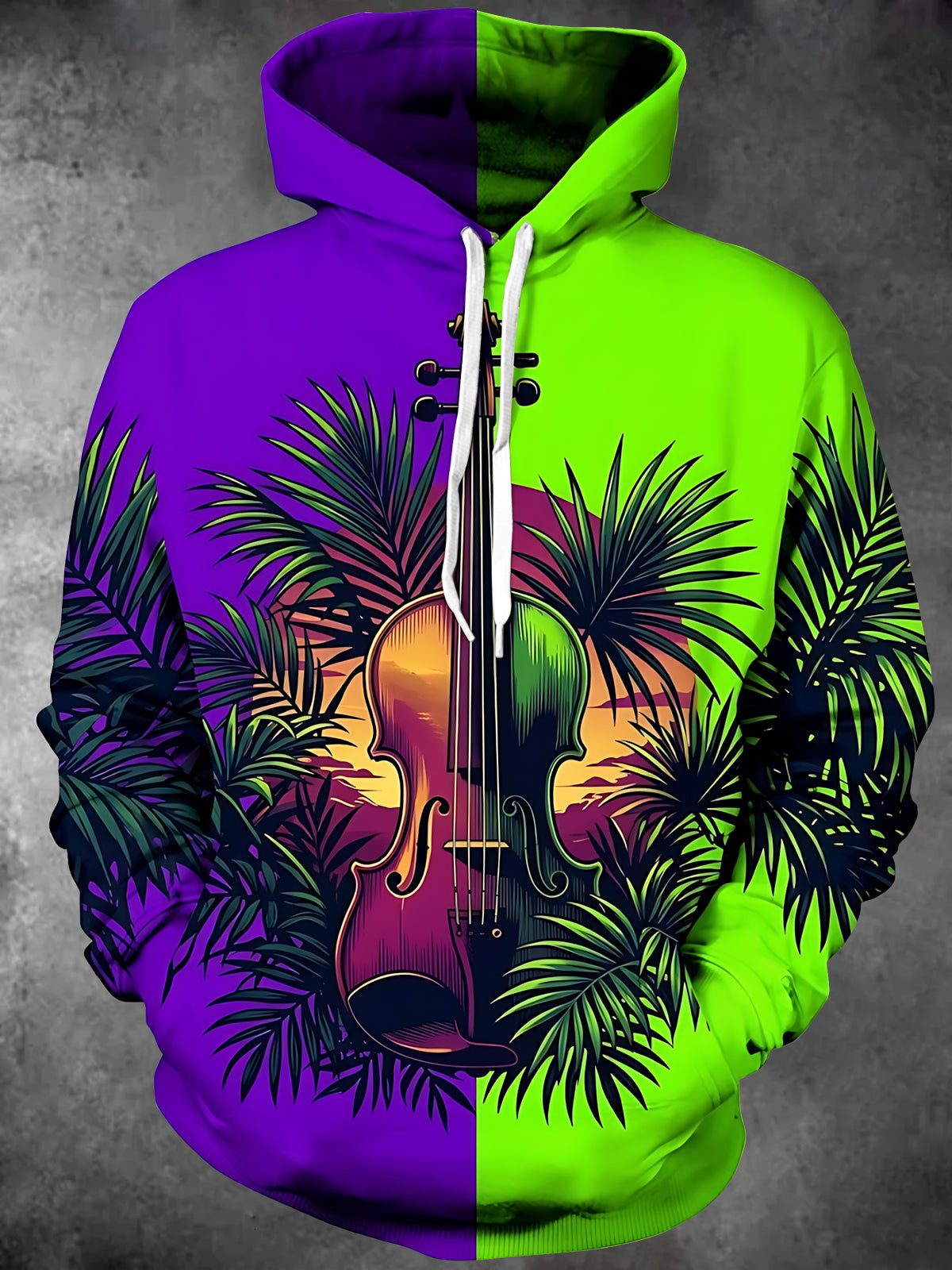Adaychic Men's Graphic Violin And Palm Leaves Print Long Sleeve Hoodie