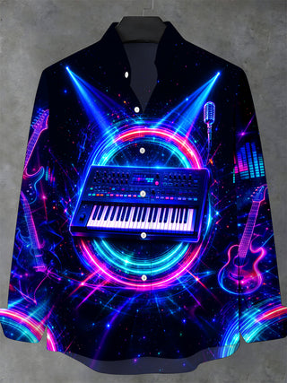 Adaychic Men's Long Sleeve Stand Collar Shirt - Neon Synthesizer Keyboard And Musical Instruments Print