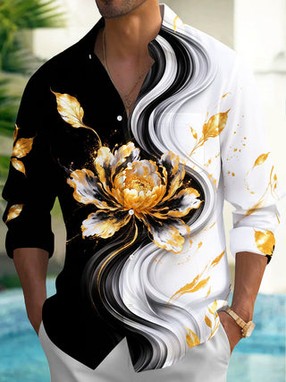 Adaychic Men's Long Sleeve Shirt - Gold Peony Floral With Black And White Swirls Print with Chest Pocket