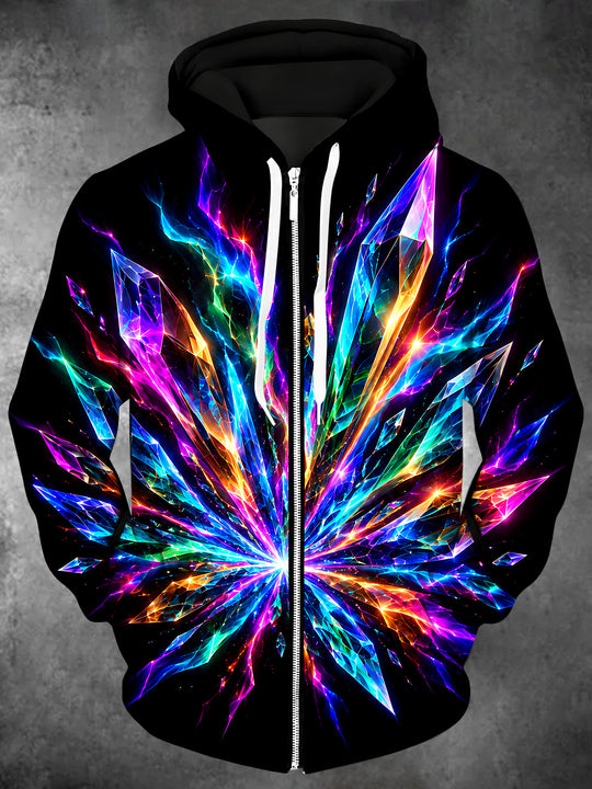 Adaychic Men's Long Sleeve Zip-Up Hoodie - Colorful Crystal Geometric Explosion Print