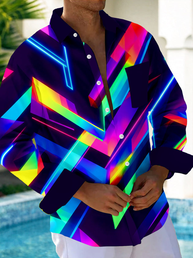 Adaychic Men's Printed Neon Geometric Abstract Lines Print Long Sleeve Shirt with Chest Pocket