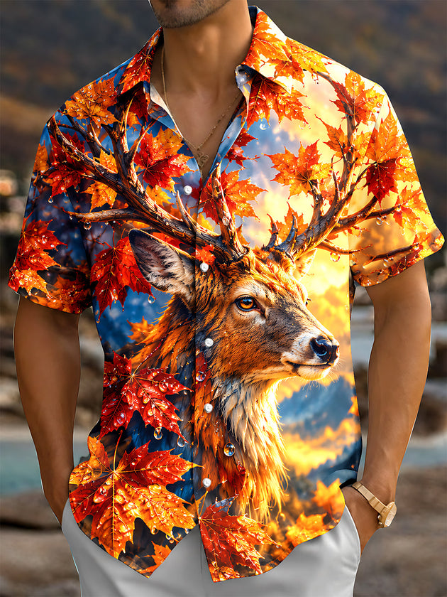 Adaychic Men's Hawaiian Deer With Autumn Maple Leaves Print Short Sleeve Shirt with Chest Pocket