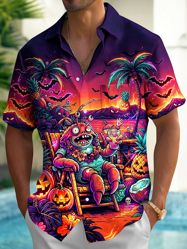Adaychic Men's Halloween Monster And Jack-o-lanterns Print Short Sleeve Shirt with Chest Pocket