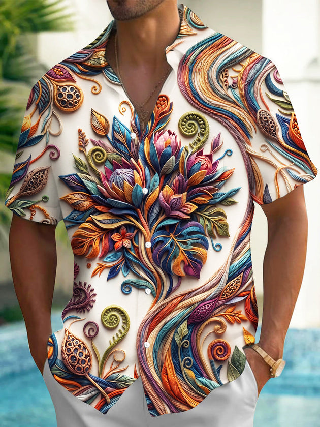 Adaychic Men's Short Sleeve Shirt - 3D Twisted Floral Leaves And Plant Motifs Print with Chest Pocket