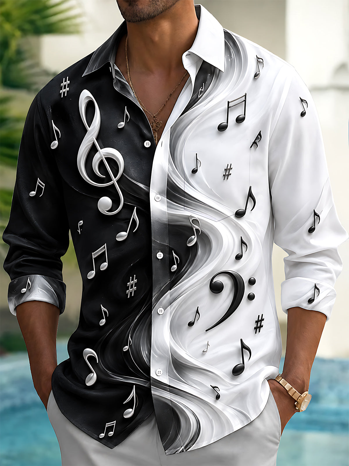 Adaychic Men's Graphic Musical Notes And Clefs Print Long Sleeve Shirt with Chest Pocket