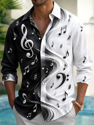 Adaychic Men's Graphic Musical Notes And Clefs Print Long Sleeve Shirt with Chest Pocket