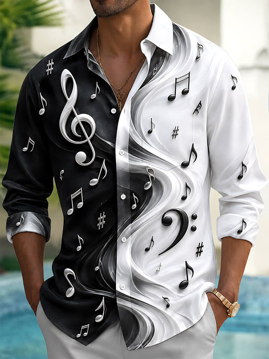 Adaychic Men's Graphic Musical Notes And Clefs Print Long Sleeve Shirt with Chest Pocket