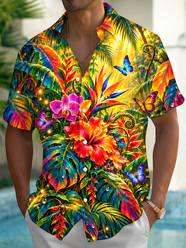 Adaychic Men's Tropical Flowers And Butterflies Print Short Sleeve Shirt with Chest Pocket