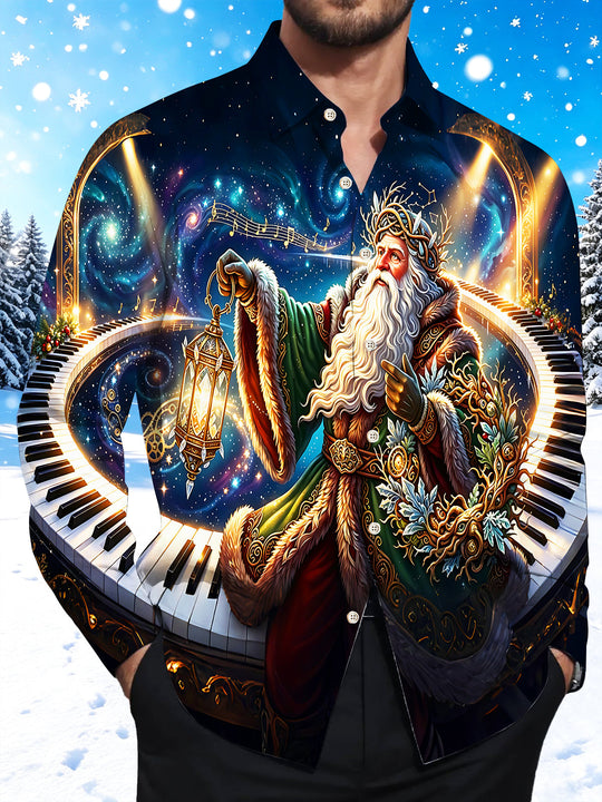 Adaychic Men's Santa Claus With Piano Keys And Lantern Print Long Sleeve Shirt with Chest Pocket