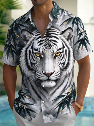 Adaychic Men's Hawaiian White Tiger Face Print Short Sleeve Shirt with Chest Pocket