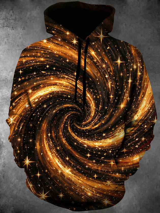 Adaychic Men's Long Sleeve Pullover Hoodie - Abstract Gold Swirl And Starry Galaxy Print with Kangaroo Pocket