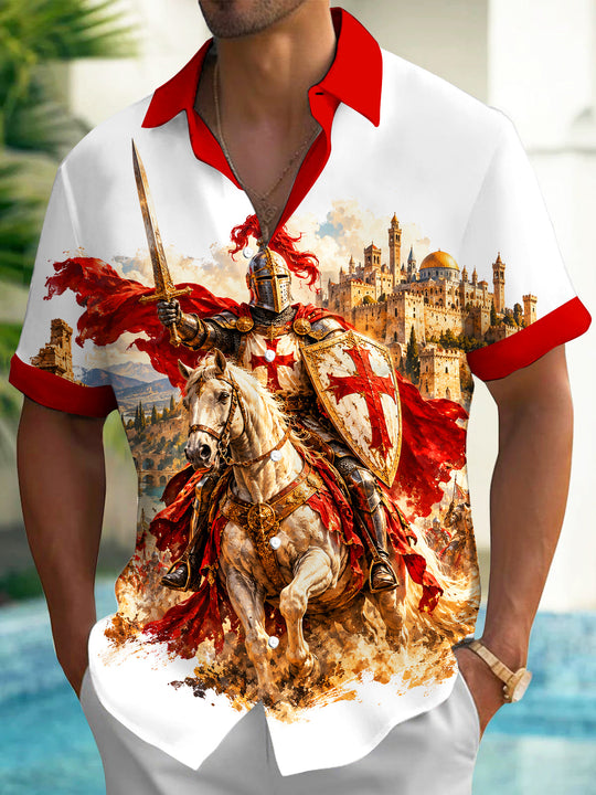 Adaychic Men's Short Sleeve Shirt - Templar Knight On Horseback With Ancient City Print with Chest Pocket