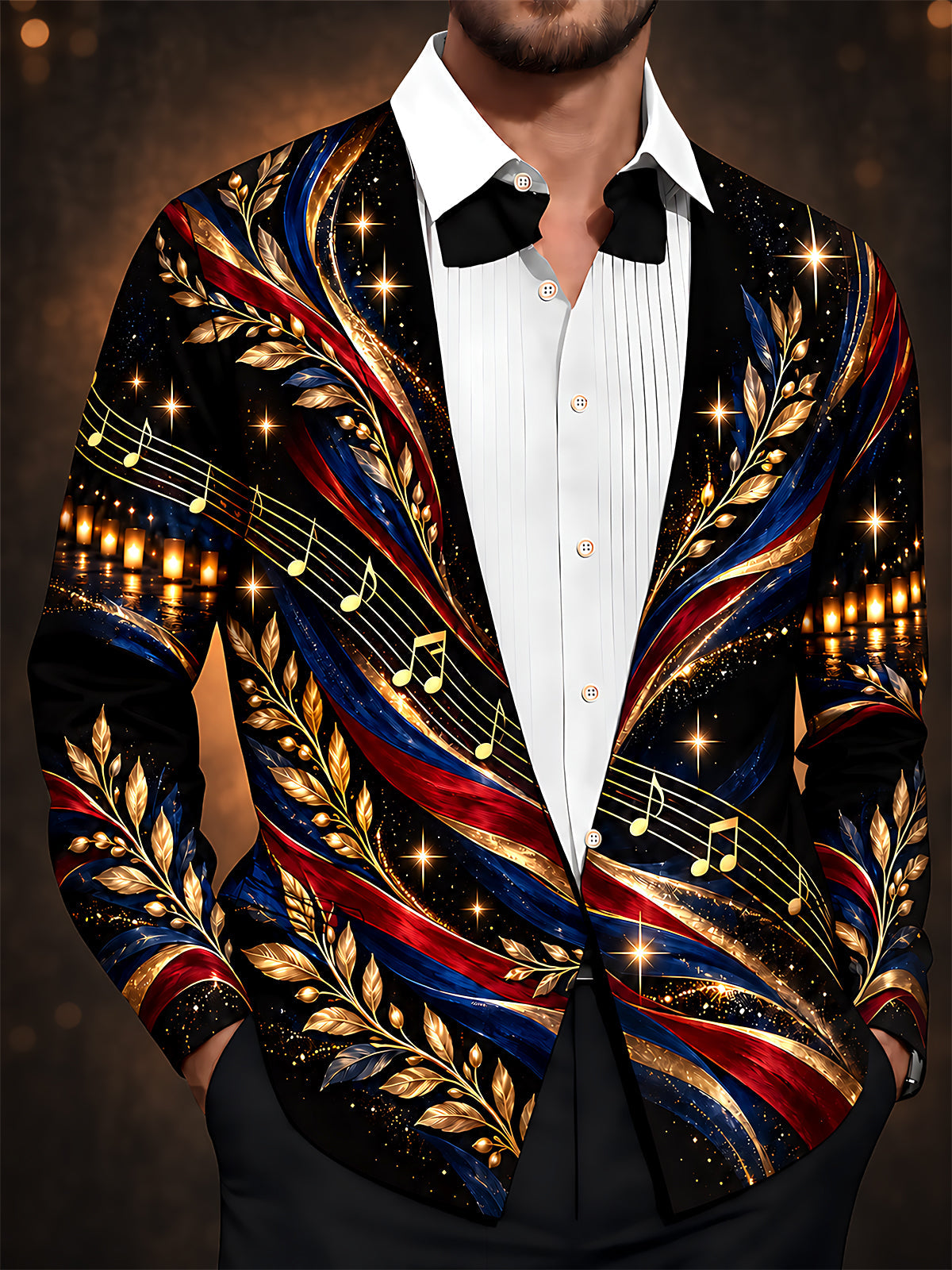 Adaychic Men's Long Sleeve Shirt - Veterans Day Musical Notes And Gold Leaves With Patriotic Ribbons Print with Chest Pocket
