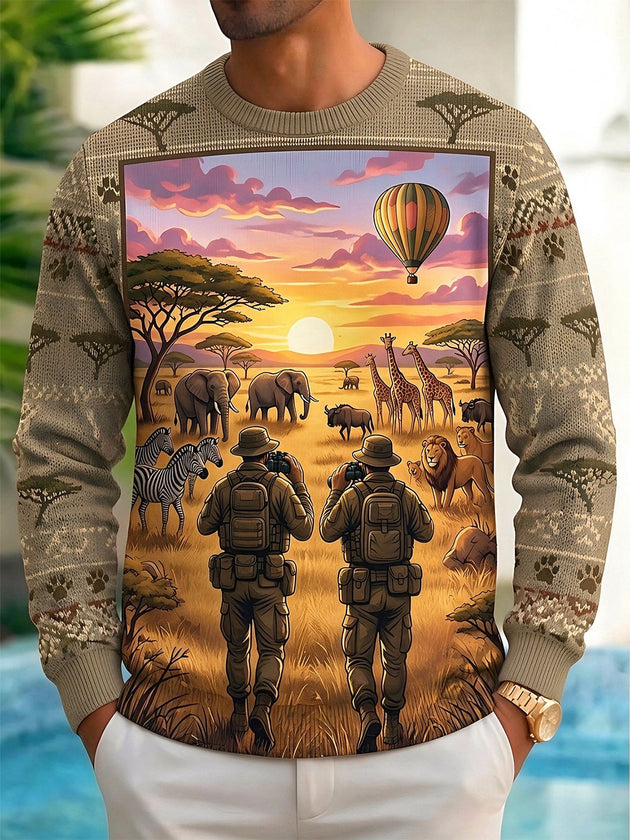 Adaychic Men's Long Sleeve Crew Neck Sweater - African Safari Wildlife And Safari Guides Print