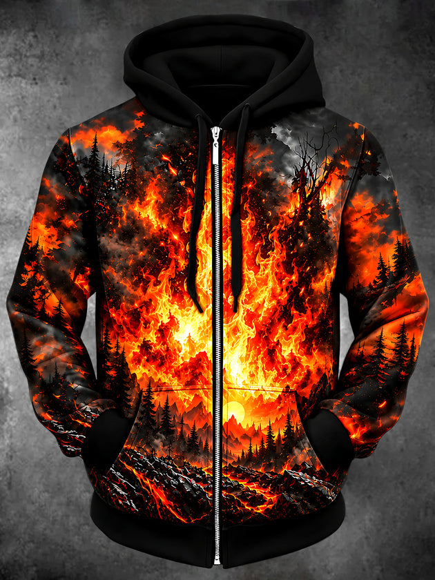 Adaychic Men's Forest Fire And Lava Landscape Print Long Sleeve Zip-Up Hoodie