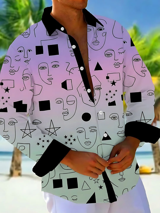 Adaychic Men's Long Sleeve Shirt - Abstract Line Art Faces And Geometric Shapes Print with Chest Pocket